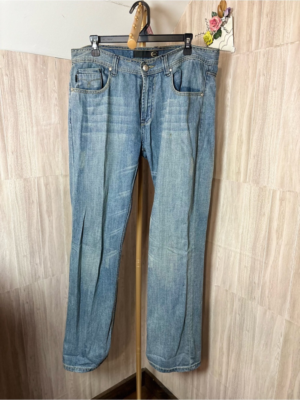 Authentic Just Cavalli Men’s Y2K Ornate Metal Patch Designer Denim Jeans 36 x 32